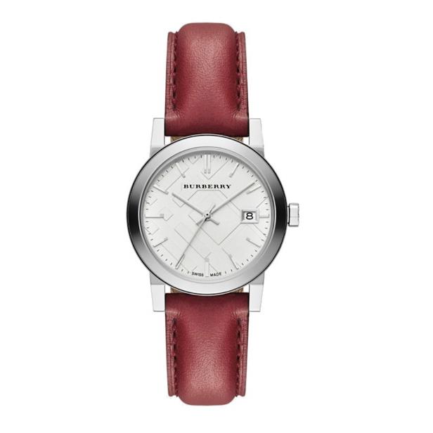 Burberry BU9129 The City Silver Stainless Steel 34 mm Women`s Watch - Dial: Silver, Band: Red, Bezel: Silver