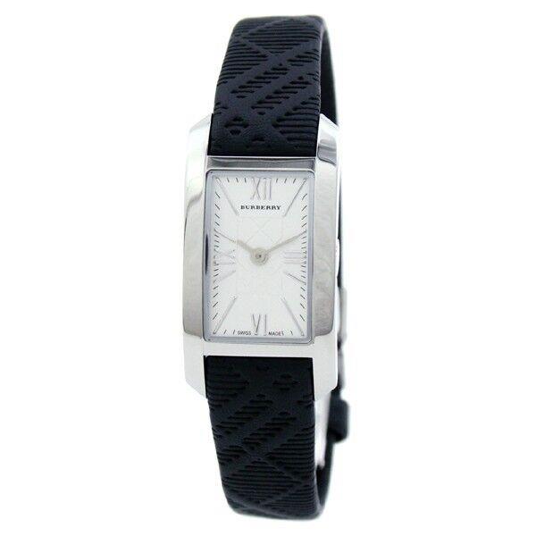 Burberry Engraved White Dial Plaid Checked Signature Leather Watch BU1082 - Dial: White, Band: Black