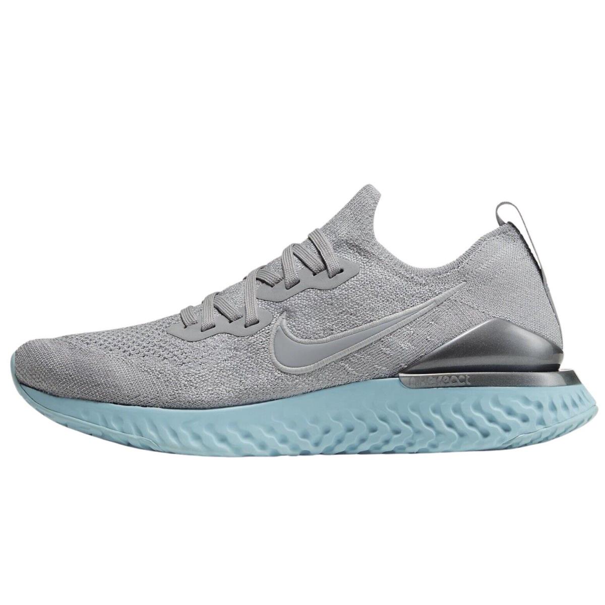 Nike Epic React Flyknit 2 Womens BQ8927-007 Wolf Grey Ocean Bliss Shoes Size 6 - Wolf Grey/Metallic Silver/Ocean Bliss