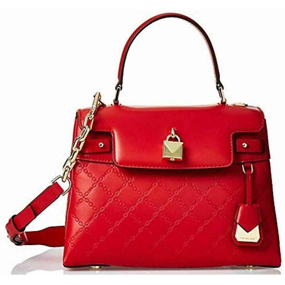 Michael Kors Gramercy Medium Red Embossed Leather Crossbody Satchel Bag