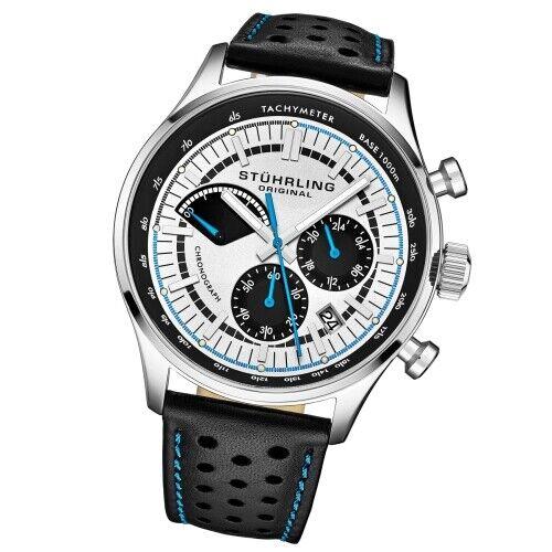 Stuhrling 934 01 Tachymeter Date Quartz Black Leather Mens Watch