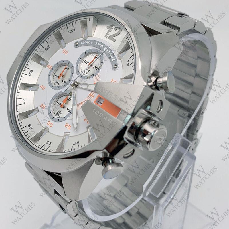 Diesel DZ4328 Mega Chief Stainless Steel Silver Bracelet Fashion Men`s Watch - Dial: White, Band: Silver, Bezel: Silver