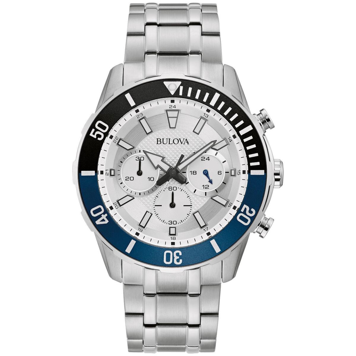 Men`s Bulova Stainless Steel Chronograph Silver White Dial Dress Watch - 98A257 - Silver Dial, Silver Band, Silver Bezel