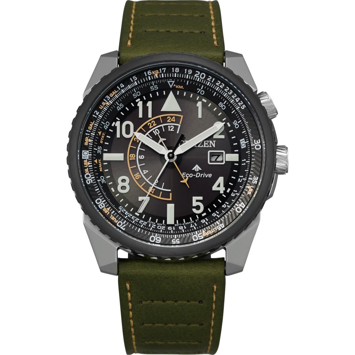 Citizen Eco Drive Man`s Promaster Nighthawk Green Leather Watch BJ7138-04E - Dial: Black, Band: Green, Bezel: Black