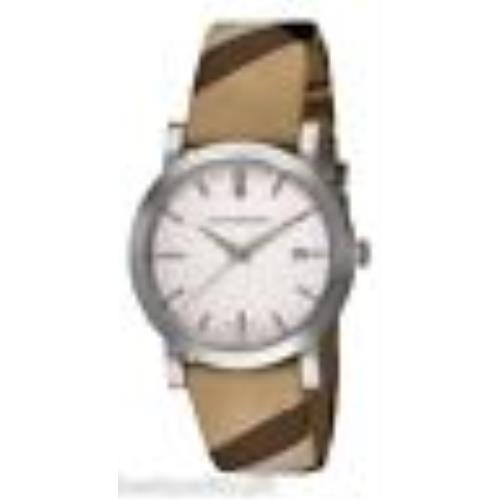 Burberry White Dial Check Plaid Leather Fabric Band Swiss Date Watch BU1390