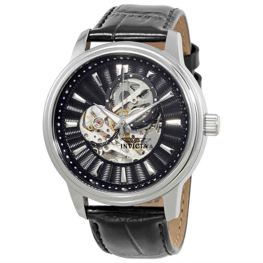 Invicta Vintage Automatic Black Skeleton Dial Men`s Watch 22577 - Dial: Black, Band: Black, Bezel: Silver