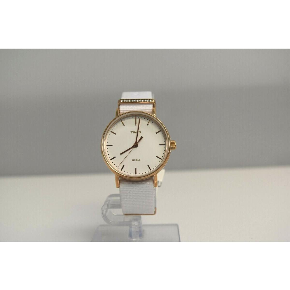 Timex Women`s Rose Gold IP White Nylon Crystal TW2R49100UL Watch