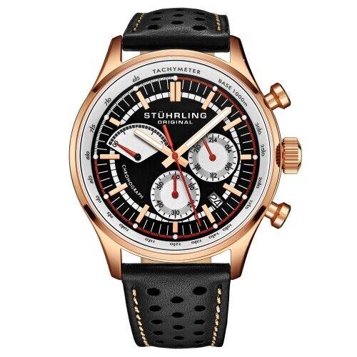 Stuhrling 934 03 Tachymeter Date Quartz Black Leather Mens Watch