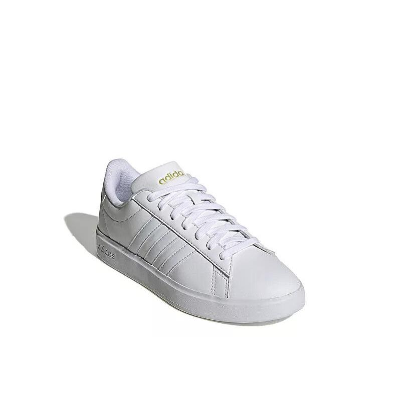 Adidas Essentials Grand Court Leather Women`s Fashion Shoes Sneakers White/Gold Logo