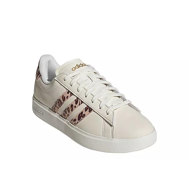 Adidas Essentials Grand Court Leather Women`s Fashion Shoes Sneakers White/Leopard Print