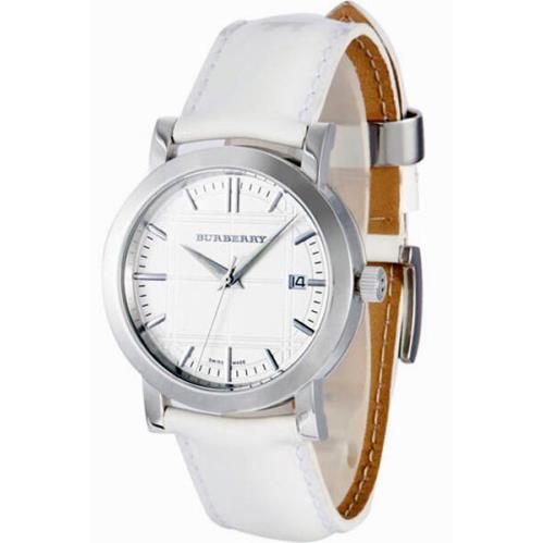 Burberry Silver Tone Etched White Patent Leather Watch BU1380