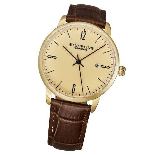 Stuhrling 3997A 8 Quartz Date Brown Embossed Leather Strap Mens Watch