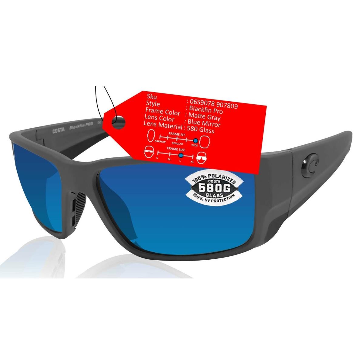 Costa Del Mar Blackfin Pro Gray Sunglasses Blue Mirror 580 Glass Lens