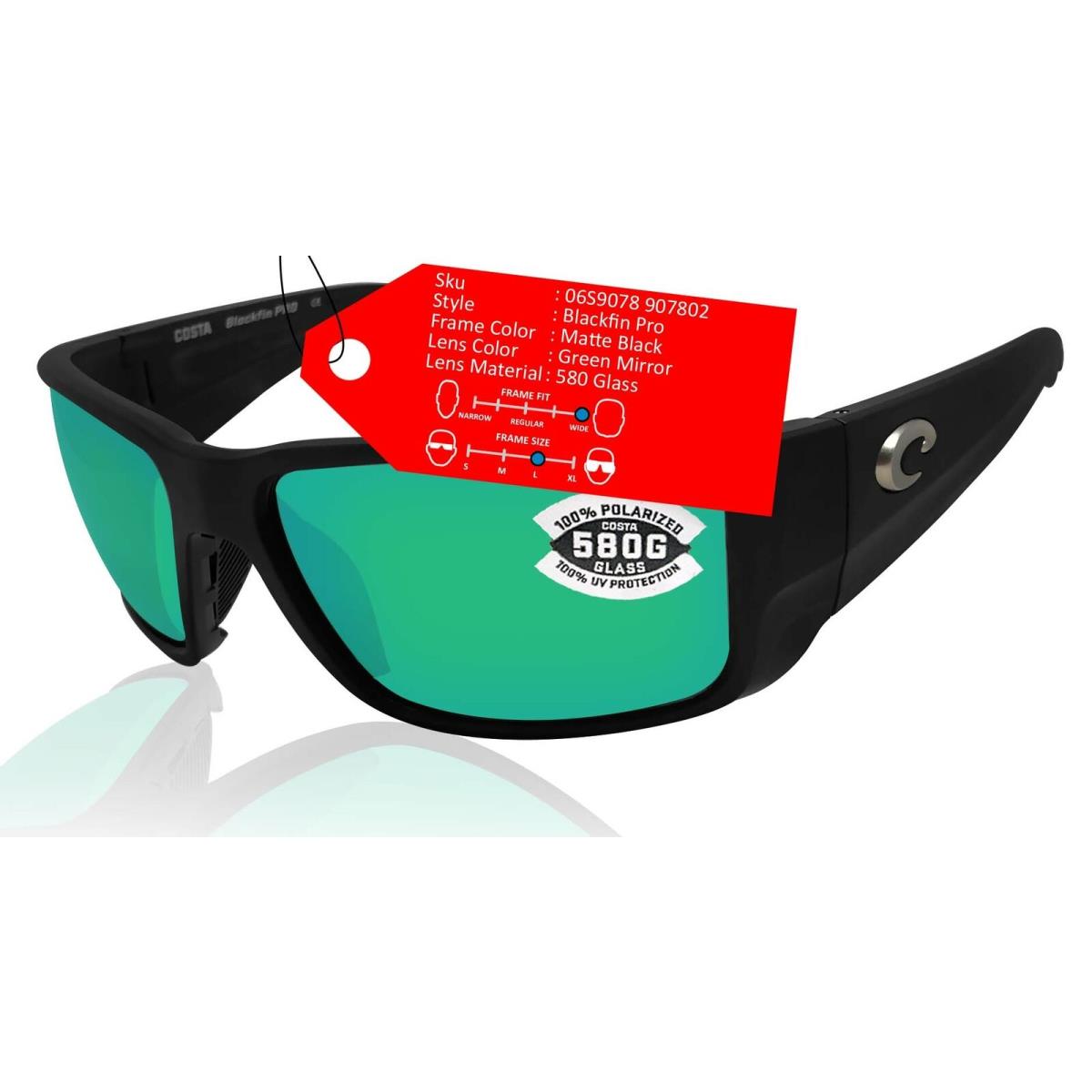 Costa Del Mar Blackfin Pro Black Sunglasses Green Mirror 580 Glass Lens