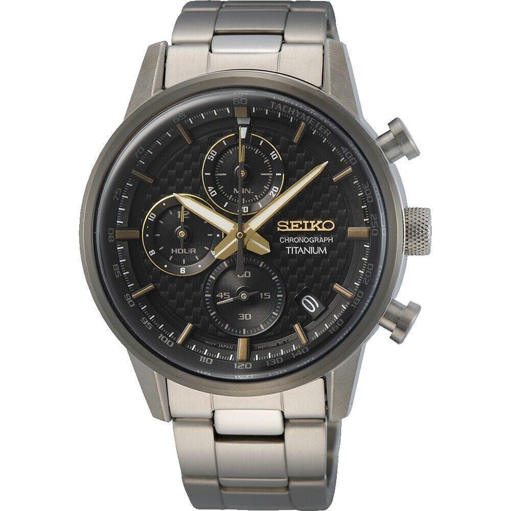 Seiko Men`s Watch Titanium Chronograph Tachymeter Black Dial with Date SSB391 - Dial: Black, Band: Gray