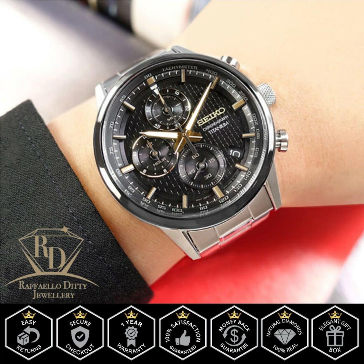 Seiko Men`s Watch Titanium Chronograph Tachymeter Black Dial with Date SSB391