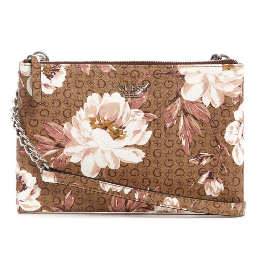 Guess Women`s Brown Logo Floral Print Double-zip Crossbody Bag Handbag Purse