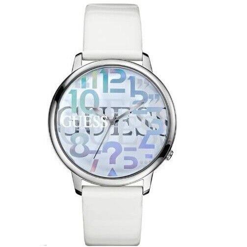 Guess Silver Tone White Patent Leather Band Lrg Numbers Dial Watch W60001L1