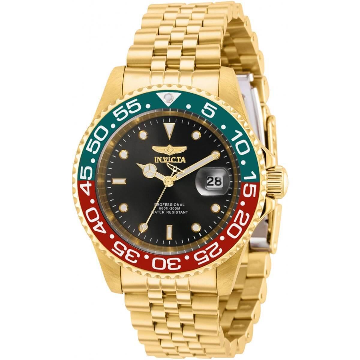 Invicta Men`s Watch Pro Diver Quartz Black Dial Yellow Gold Steel Bracelet 36041