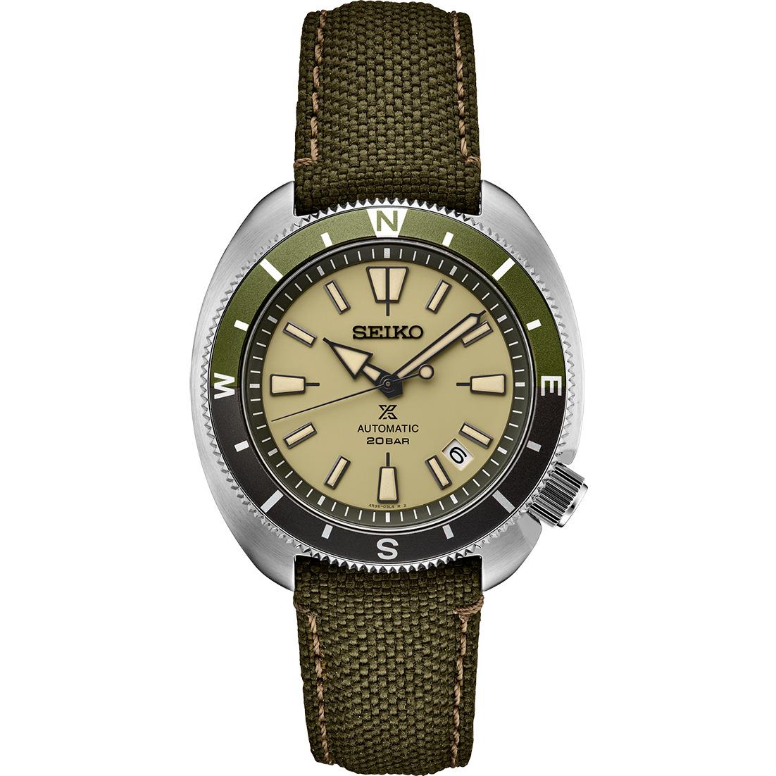 Seiko Prospex Automatic Dive Beige Dial Olive Canvas Strap Men`s SRPG13 Watch - Olive, Dial: Beige, Band: Green