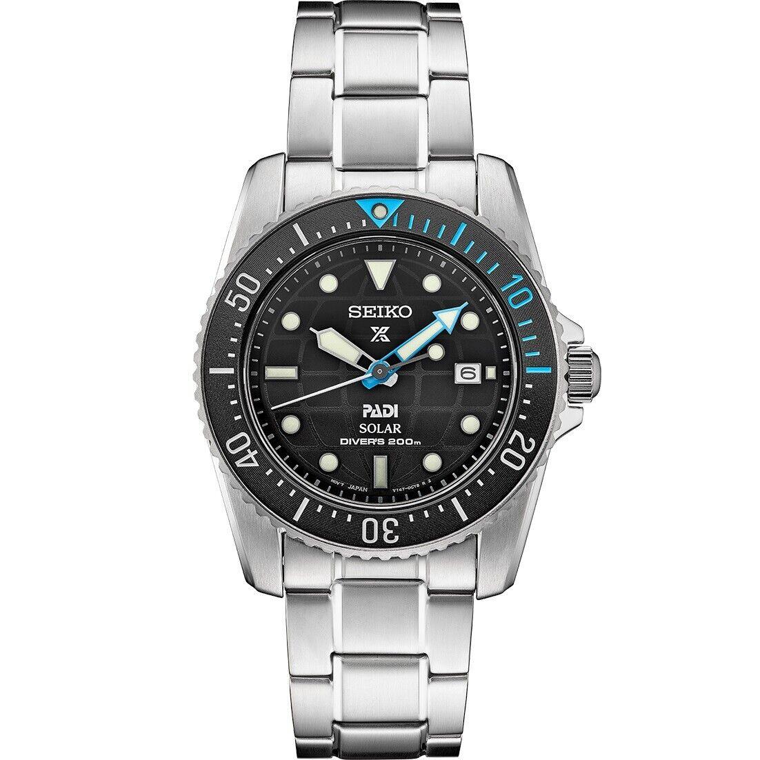 Seiko SNE575 Prospex Padi Edition Men s 38mm Solar Powered Dive Watch - Black Dial, Silver Band, Black Bezel