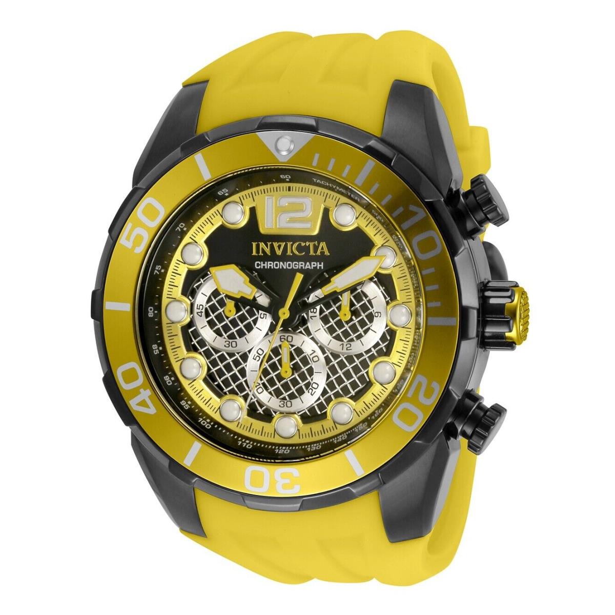 Invicta Men`s 50mm Pro Diver Chrono Cage Dial SS Watch 35552 Free Dive Case - Dial: Yellow, Band: Yellow, Bezel: Yellow