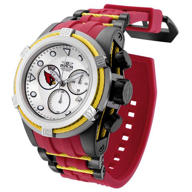 Invicta Zeus Bolt Nfl Arizona Cardinals Men`s 53mm Swiss Chronograph Watch 30223 - Dial: Silver, Band: Red, Bezel: Silver Yellow