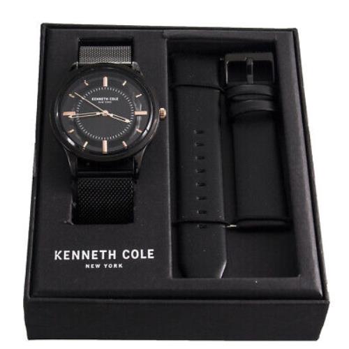 Kenneth Cole York Clear Dial Black Black Mesh Black Leather Band Watch Set