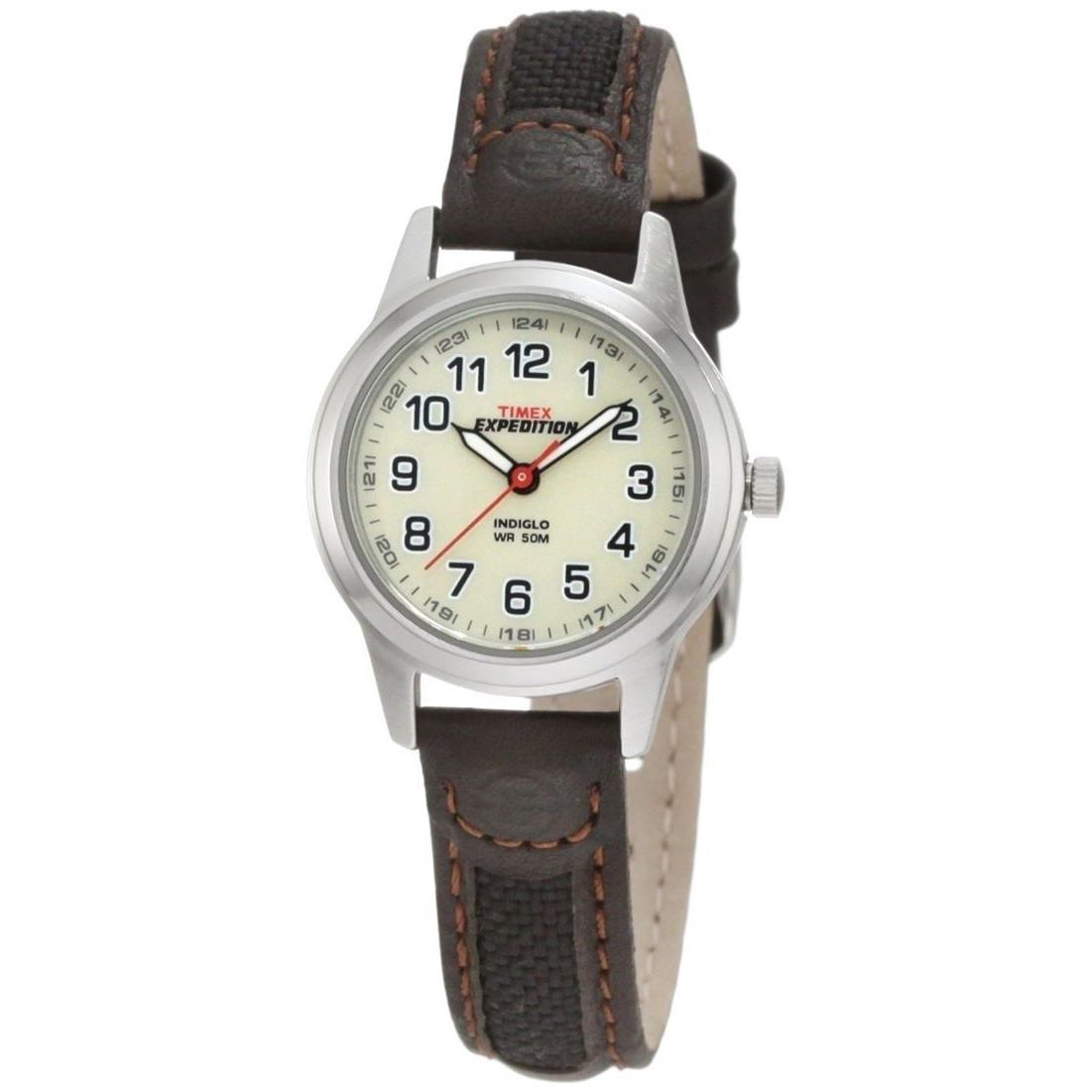 Timex T41181 Women`s Expedition Brown Leather Watch Indiglo 50 Meter WR - Band: Brown