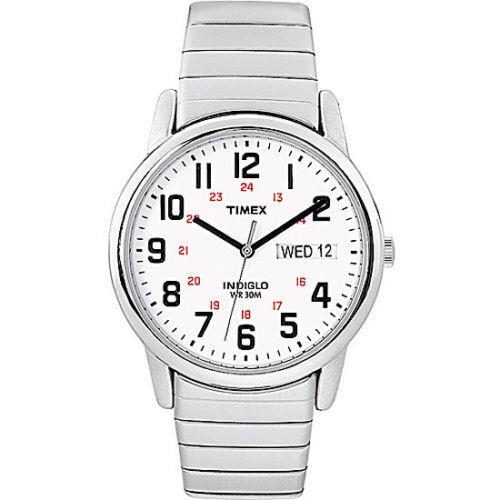 Timex T2N091 Men`s Easy Reader X- Long Expansion Band Watch Indiglo Date - Dial: White, Band: Silver