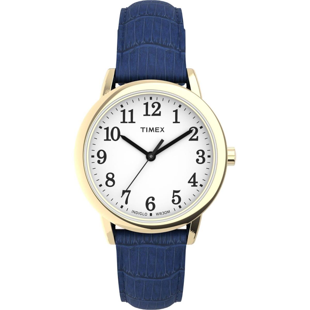 Timex Women`s Elevated Reader Quartz Gold Case Blue Leather Watch 30 MM T2N954