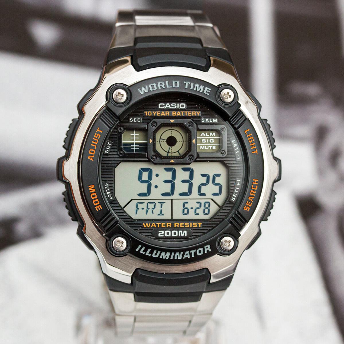 Casio Men`s 200M WR 5 Alarms World Time Watch 10 Year Steel Bnd AE2000WD-1AV