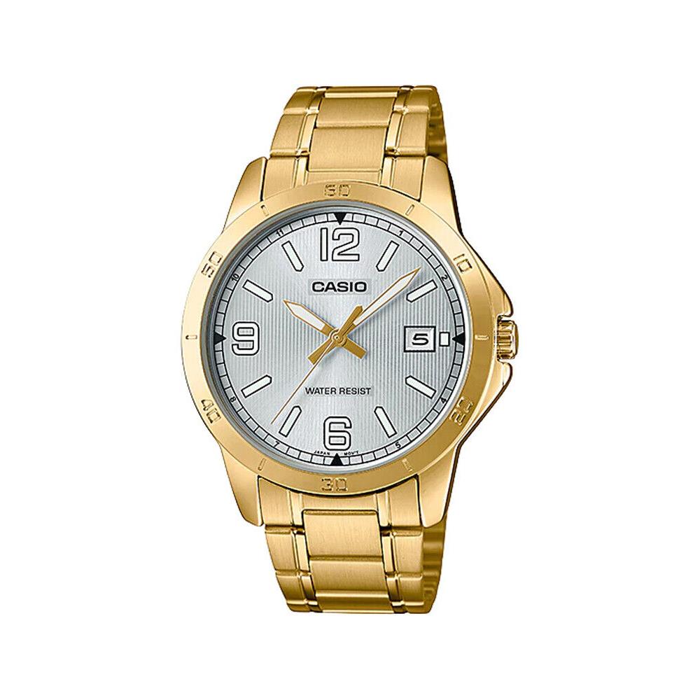 Casio MTP-V004G-7B2 Men`s Dress Gold Tone Stainless Steel Silver Dial Analog Dat - Silver Dial, Gold Band