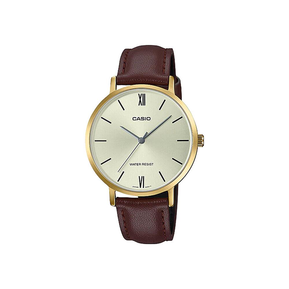 Casio LTP-VT01GL-9B Women`s Minimalistic Gold Tone Brown Leather Gold Dial Watch