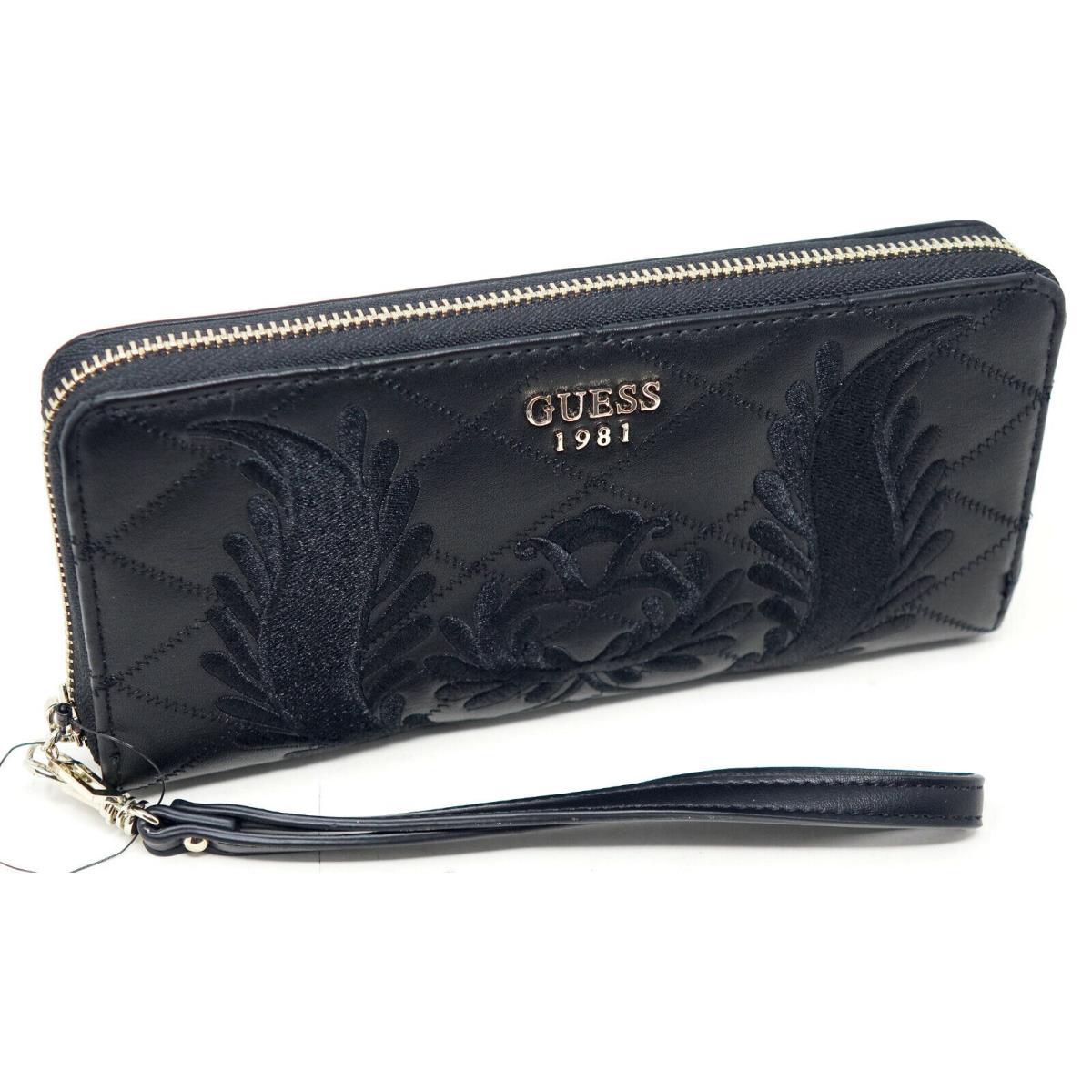 Guess Women`s Black Quilted Floral Embroidered Zip-around Wristlet Wallet