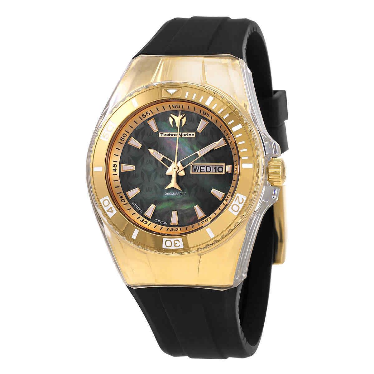 Technomarine Cruise Monogram Quartz Black Dial Watch TM-115325 - Dial: Black, Band: Black, Bezel: Gold-tone