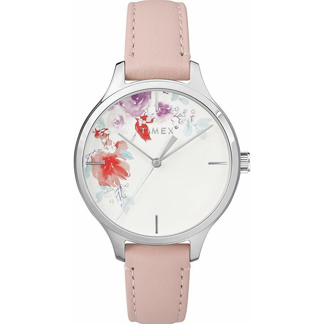 Timex Silver Pink Blossom Leather Band Swarovski Crystals WATCH-TW2R82200