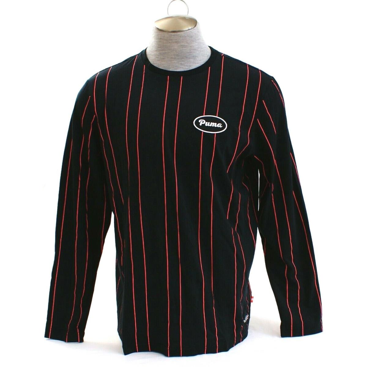 Puma Signature Black Pink Stripe 91074 Long Sleeve Tee Shirt Men`s