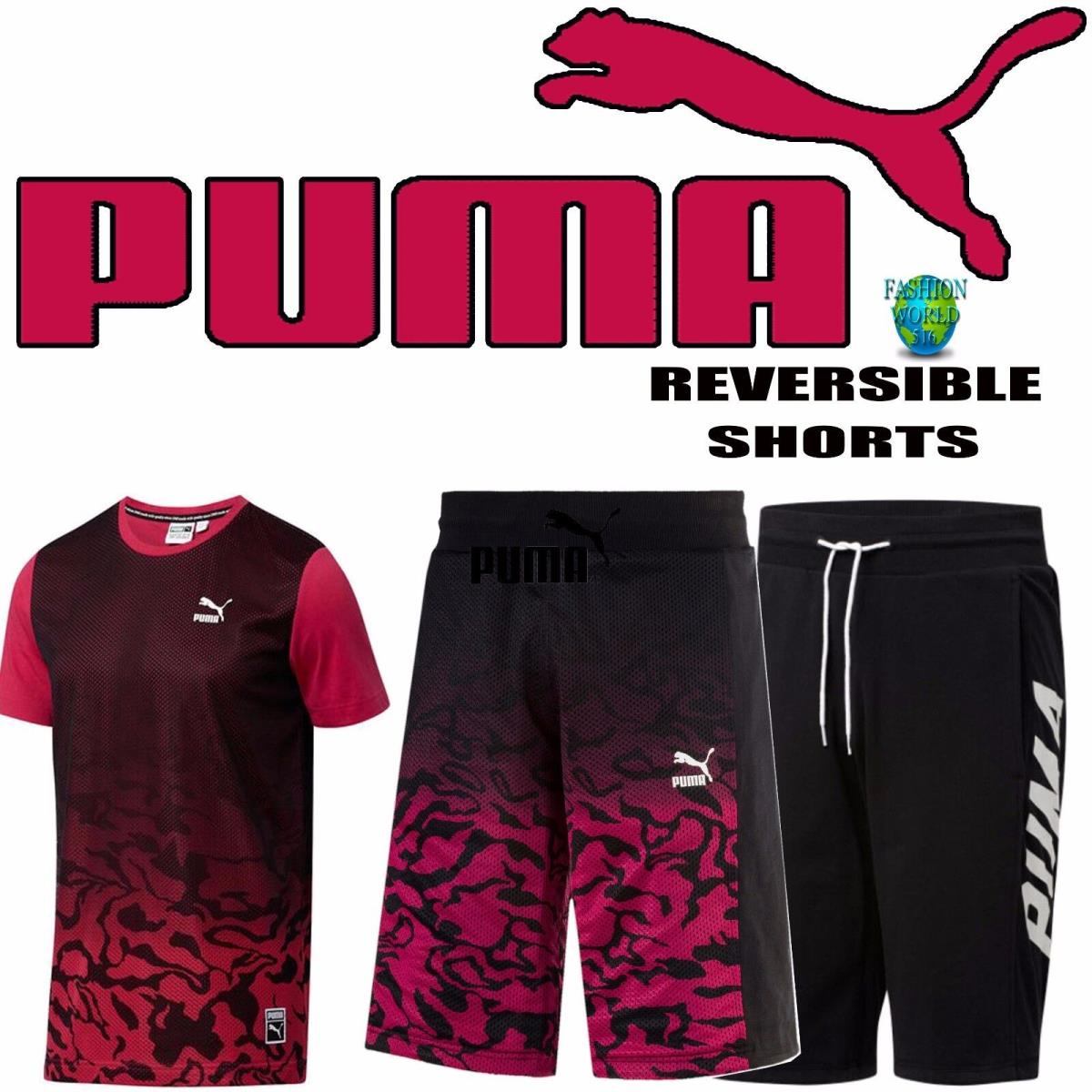 Puma Men`s Reversible Bermuda Shorts and Color Block Matching Tee Shirt Size L