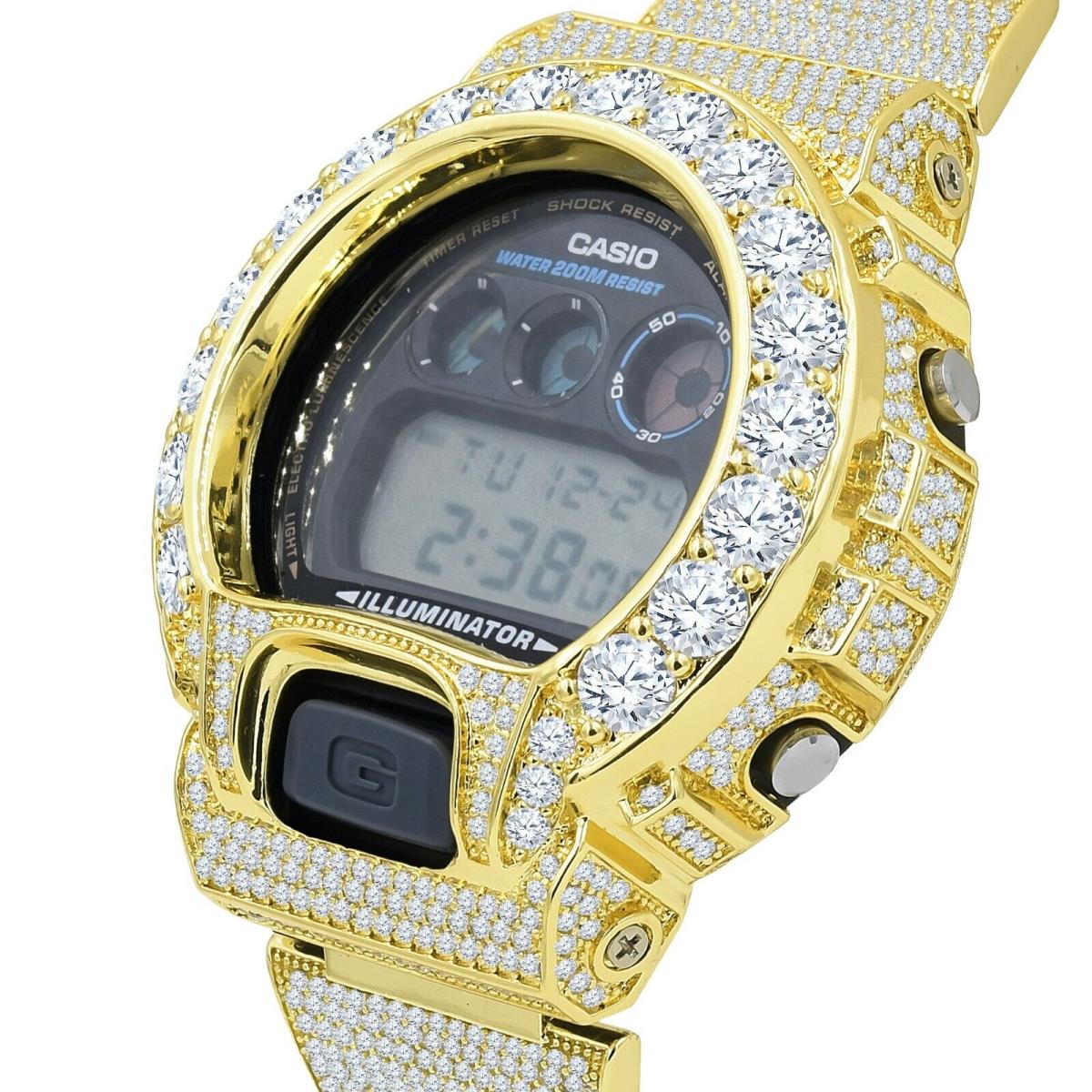 Yellow Gold 2 Tone Solitaire Custom Casio G-shock Dw- 6900 Men`s Watch