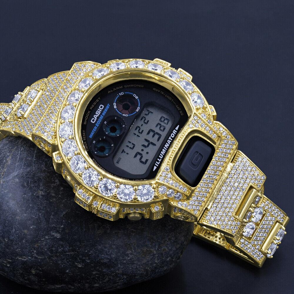 Solitaire Custom Casio G-shock DW 6900 Yellow Gold 2 Tone Men`s Watch