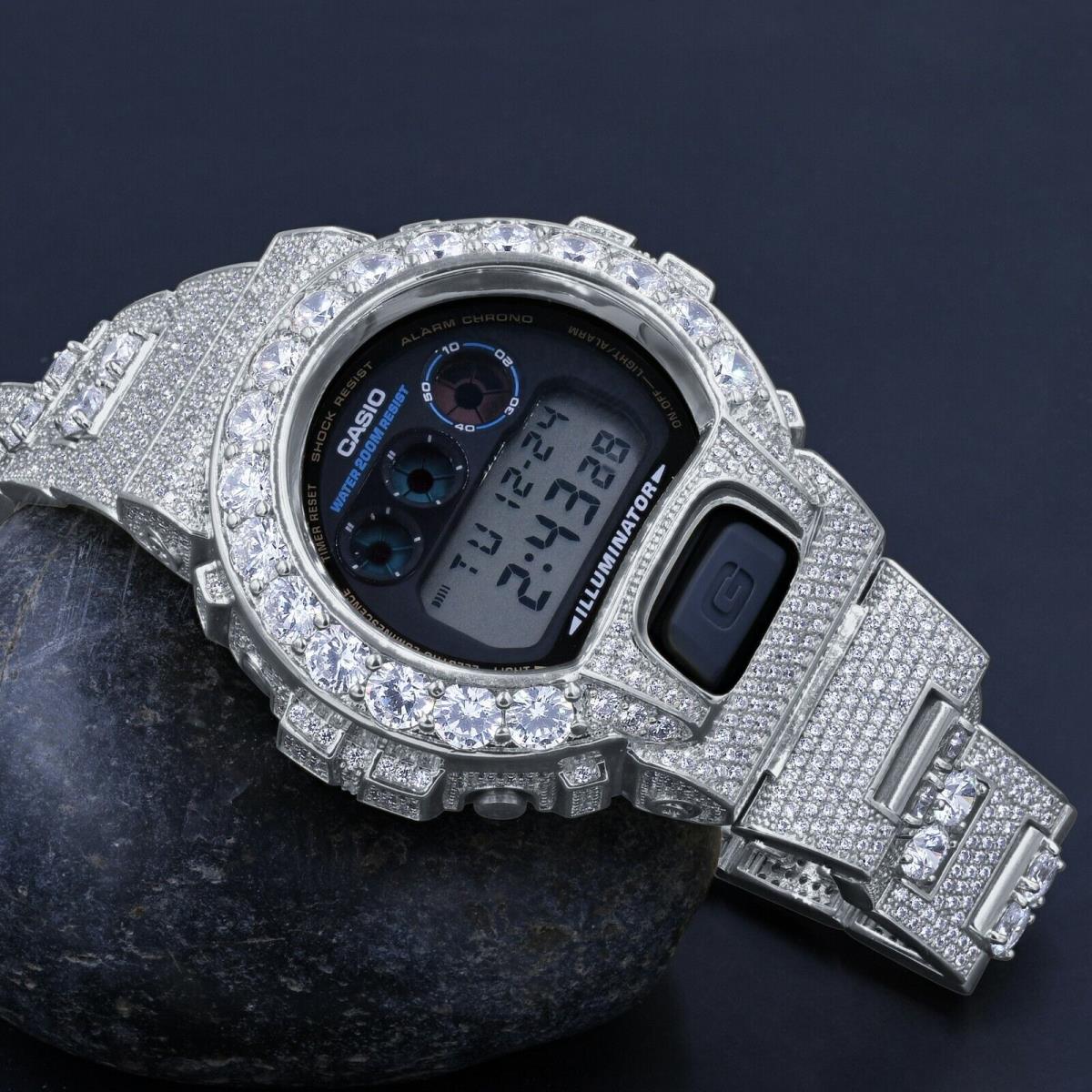 Custom Casio G-shock DW6900 Solitaire Bezel Watch 18K White Gold Tone