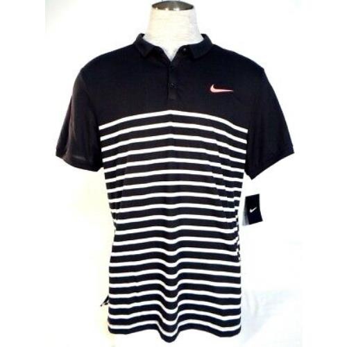 Nike Dri Fit Black White Stripe Short Sleeve Tennis Polo Shirt Men`s