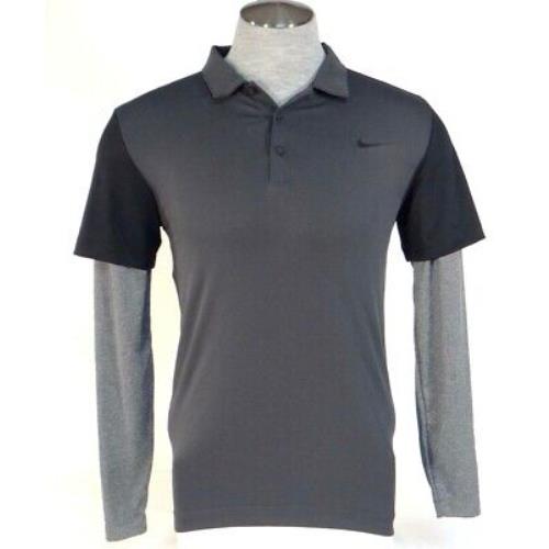 Nike Golf Dri Fit Slim Fit Gray Black Layered Sleeve Polo Shirt Men`s - Gray