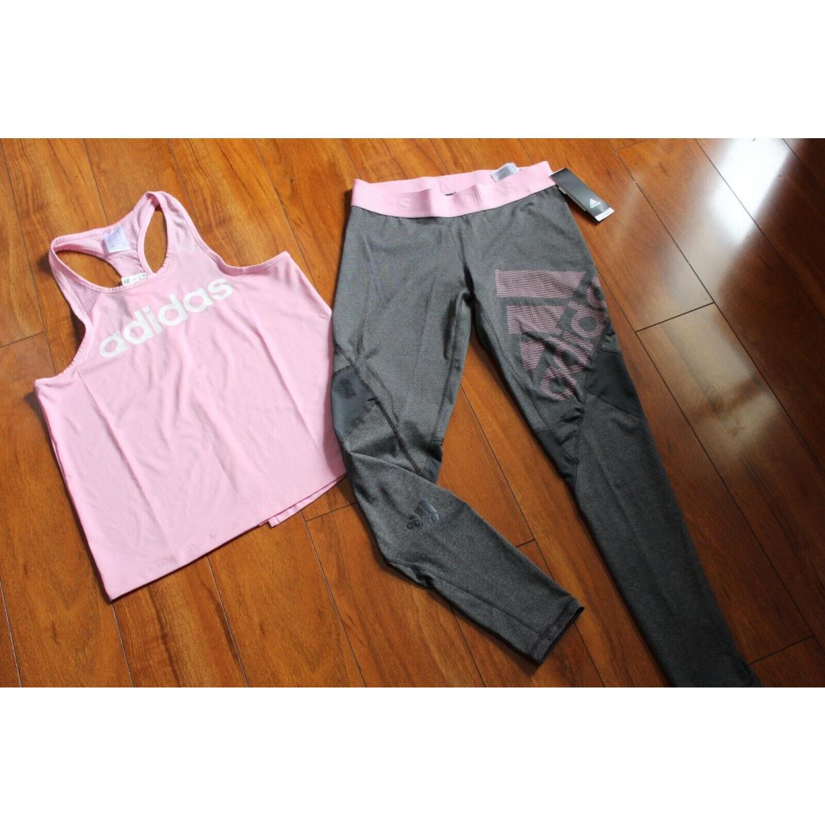 Womens Adidas SZ M Grey Pink Leggings Shirt Tank