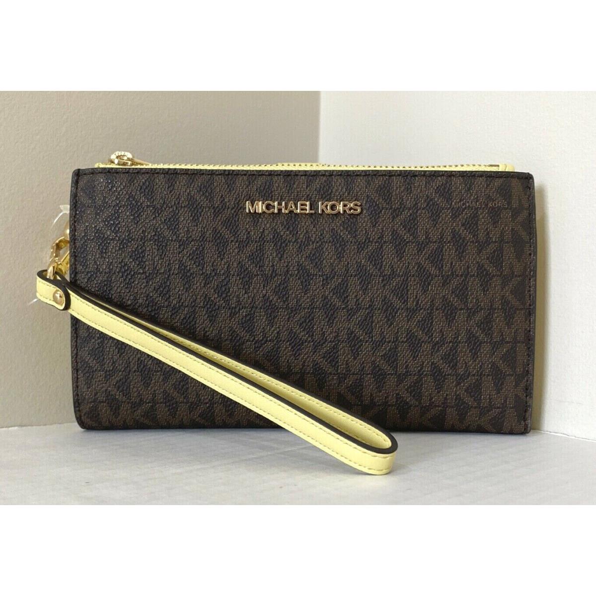 Michael Kors Jet Set Travel Double Zip Wristlet Wallet Brown / Buttercup