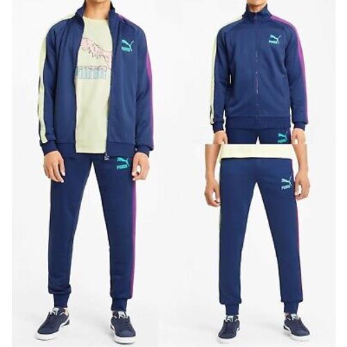 Men`s Puma Fashion Iconic T7 Gym Track Jacket Matching Pants Tracksuits Blue