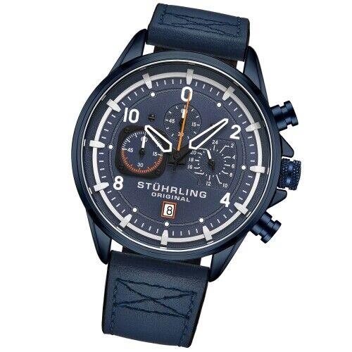 Stuhrling 929 03 Chronograph Date Quartz Blue Leather Strap Mens Watch