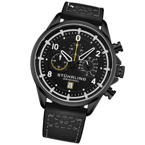 Stuhrling 929 05 Chronograph Date Quartz Black Leather Strap Mens Watch