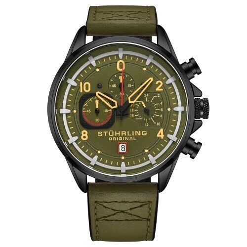 Stuhrling 929 04 Chronograph Date Quartz Green Leather Strap Mens Watch